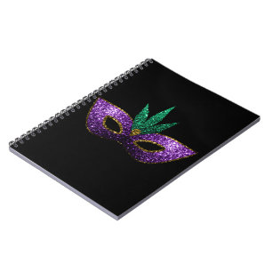 Mardi Gras Maske Lila grüne Glitzern schwarz Notizblock