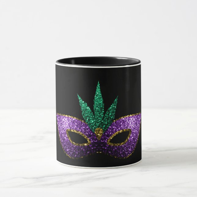 Mardi Gras Maske Lila grüne Glitzern schwarz Tasse (Zentrum)