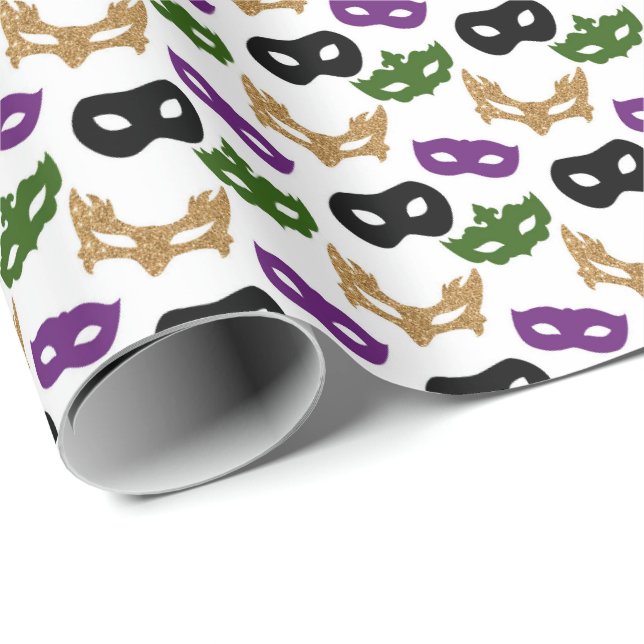 Mardi Gras Maske Lila grüne Imitate Gold Black Geschenkpapier (Rolleneckpunkt)