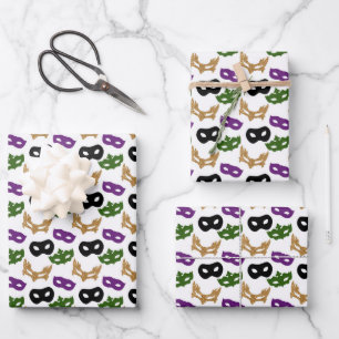 Mardi Gras Maske Lila grüne Imitate Gold Black Geschenkpapier Set