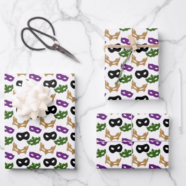 Mardi Gras Maske Lila grüne Imitate Gold Black Geschenkpapier Set (Vorderseite)