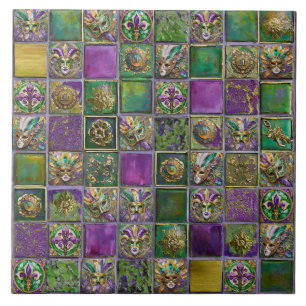 Mardi Gras Masken Federn Fleur de lis Fliesen Druc