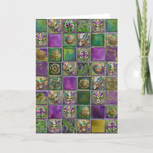 Mardi Gras Masken Federn Fleur de lis Fliesen Druc Dankeskarte