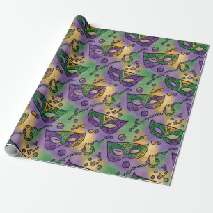 Mardi Gras Masken und Perlen Lila Grün Gelb Geschenkpapier
