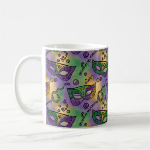 Mardi Gras Masken und Perlen Lila Grün Gelb Kaffeetasse