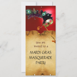 MARDI GRAS MASKENBALL, blau rot Einladung
