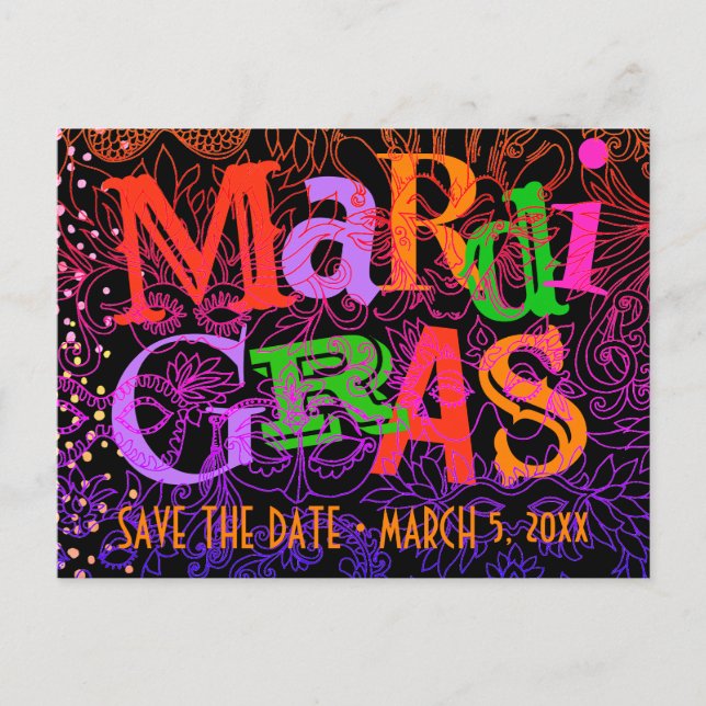 Mardi Gras maskiert farbenfrohe Typografie Save th Einladungspostkarte (Vorderseite)
