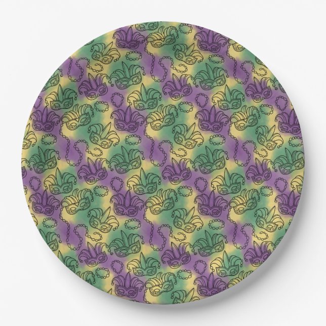 Mardi Gras Masks and Beads Doodle Art Style Pappteller (Vorderseite)