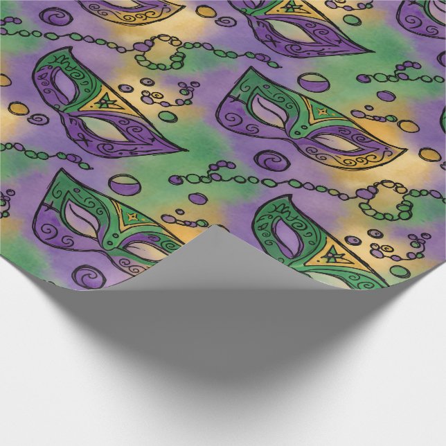 Mardi Gras Masks and Beads Purple Green Yellow Geschenkpapier (Ecke)