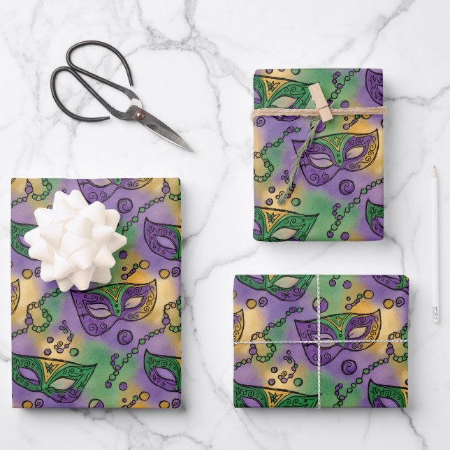 Mardi Gras Masks and Beads Purple Green Yellow Geschenkpapier Set (Vorderseite)
