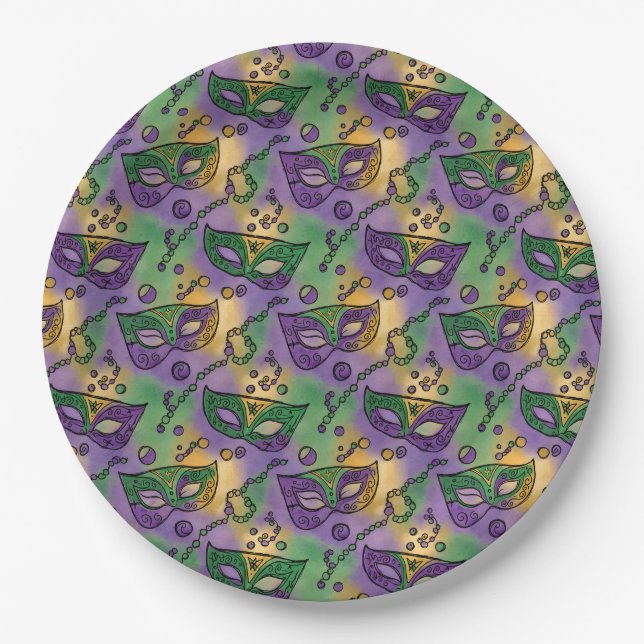 Mardi Gras Masks and Beads Purple Green Yellow Pappteller (Vorderseite)