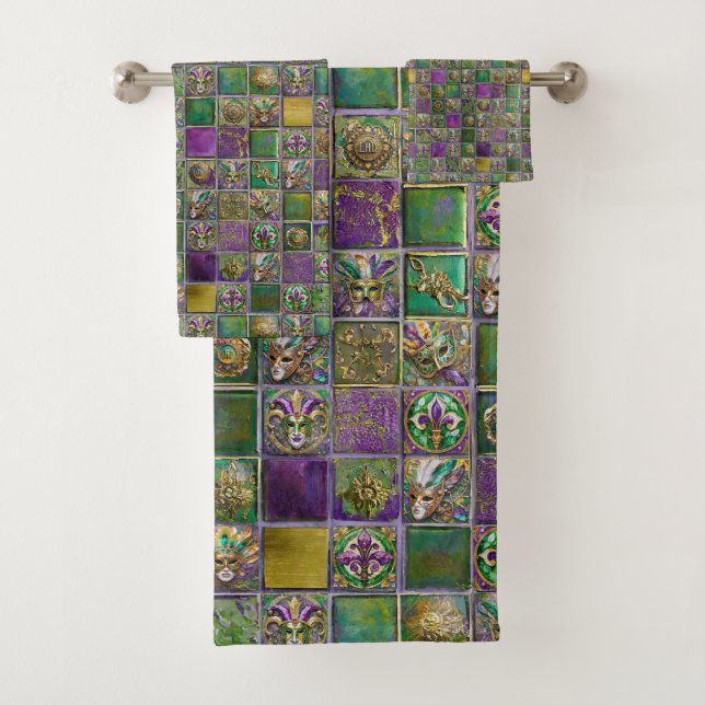 Mardi Gras Masks Feathers Lilie Tile Print Badhandtuch Set (Insitu)