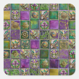 Mardi Gras Masks Feathers Lilie Tile Print Quadratischer Aufkleber