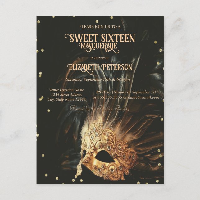Mardi Gras Masque Diamonds Black Sweet 16 Einladungspostkarte (Vorderseite)