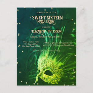 Mardi Gras Masque Diamonds Green Sweet 16 Einladungspostkarte