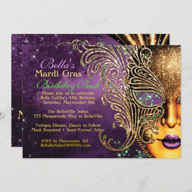 Mardi Gras Masquerade Anniversaire Invitations (Devant / Derrière)