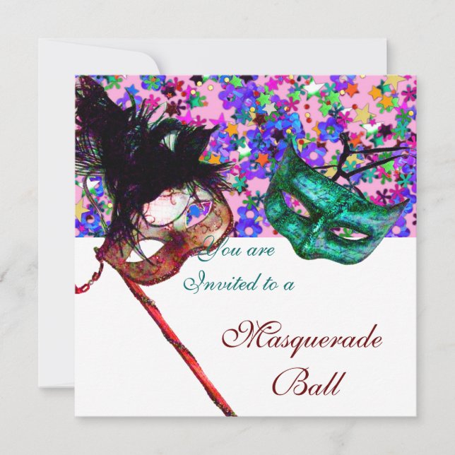 MARDI GRAS MASQUERADE & CONFETTI weiß rosa blau Einladung (Vorderseite)