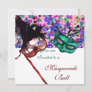 MARDI GRAS MASQUERADE & CONFETTI weiß rosa blau Einladung