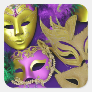 Mardi Gras, Masquerade, lila und Gold Quadratischer Aufkleber
