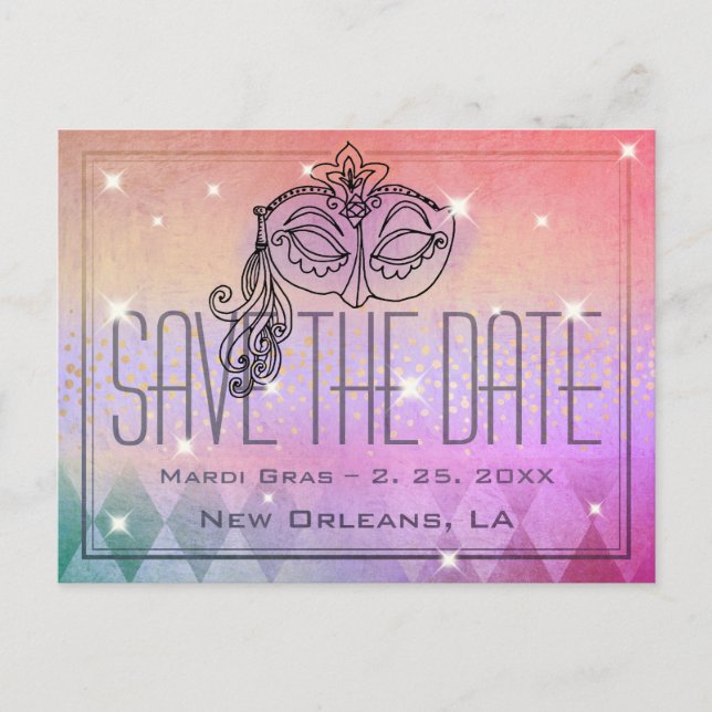 Mardi Gras Masquerade Masask Save the Date Lila Postkarte (Vorderseite)