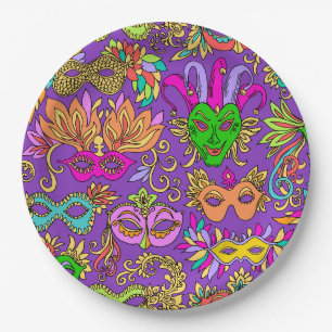 Mardi Gras Masquerade Mask Bright Lila Green Pappteller