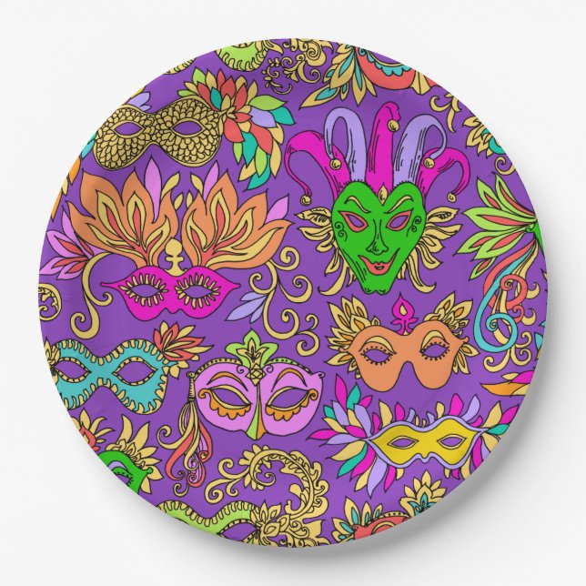 Mardi Gras Masquerade Mask Bright Lila Green Pappteller (Vorderseite)
