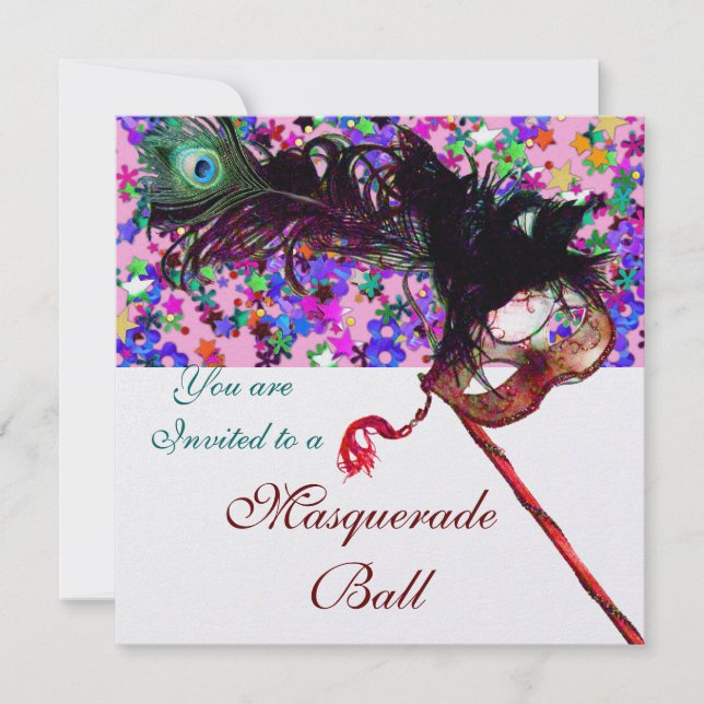 MARDI GRAS MASQUERADE MASK & CONFETTI weiß Einladung (Vorderseite)