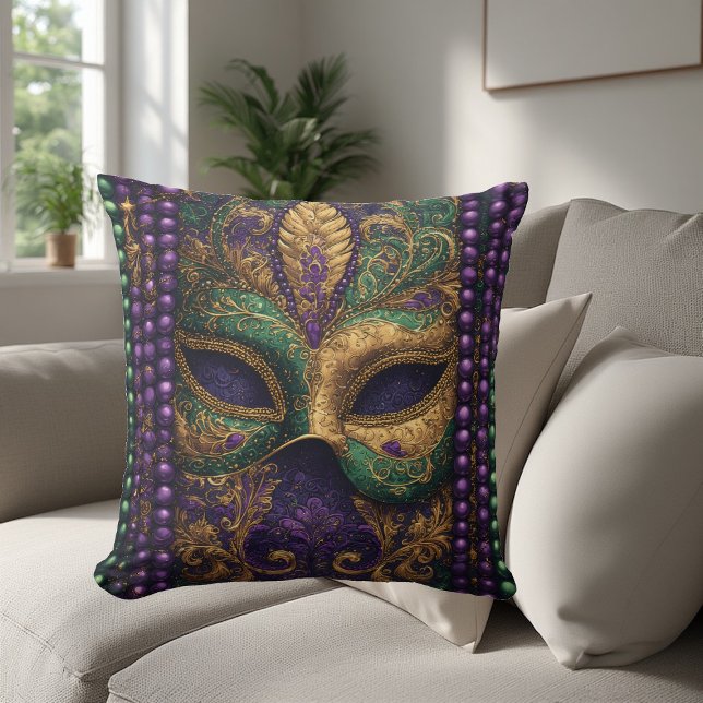 Mardi gras Masquerade Mask Gold Bead Fleur-de-Lis Kissen (Mardi gras Masquerade Mask Gold Bead Fleur-de-Lis Throw Pillow)