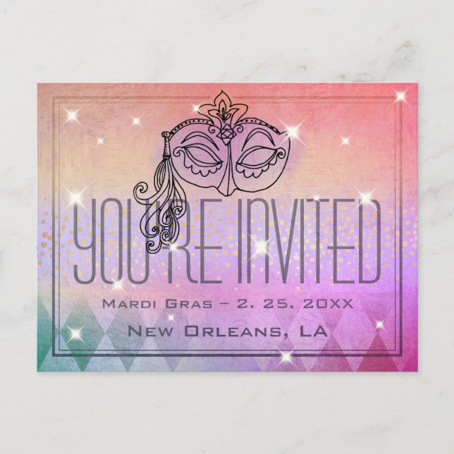 Mardi Gras Masquerade Maske Lila Einladung Postkarte (Vorderseite)