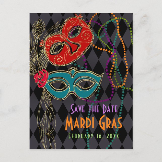 Mardi Gras Masquerade Masken Black Harlequin Einladungspostkarte (Vorderseite)