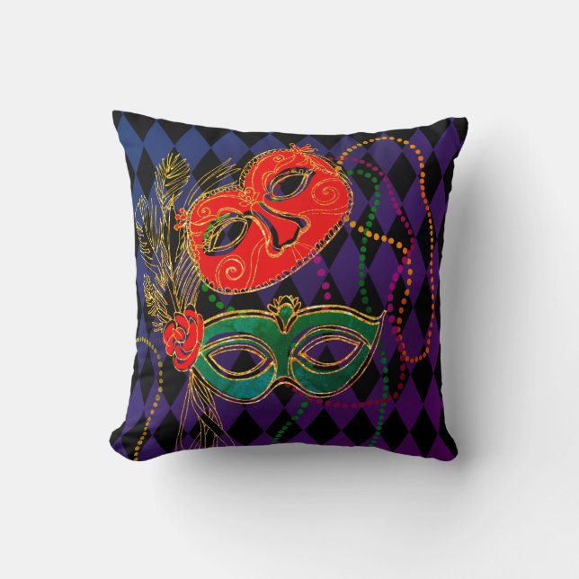 Mardi Gras Masquerade Masken Schwarzes Harlequin Kissen (Vorderseite)