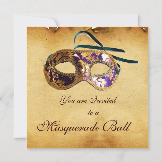 MARDI GRAS MASQUERADE MASKS Klassisches Parchment Einladung (Vorderseite)