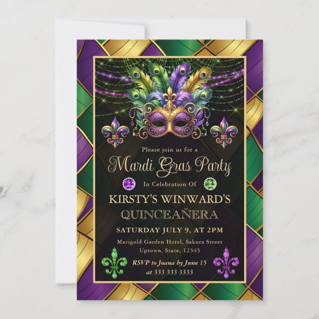 Mardi Gras Masquerade Quinceanera Einladung (Vorderseite)