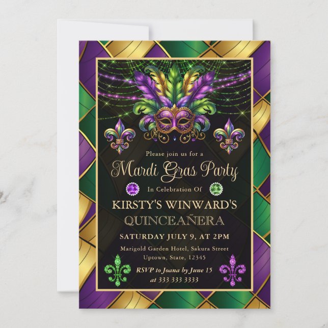 Mardi Gras Masquerade Quinceanera Einladung (Vorderseite)