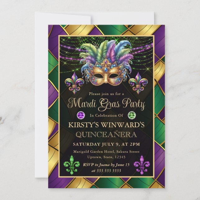 Mardi Gras Masquerade Quinceanera Einladung (Vorderseite)