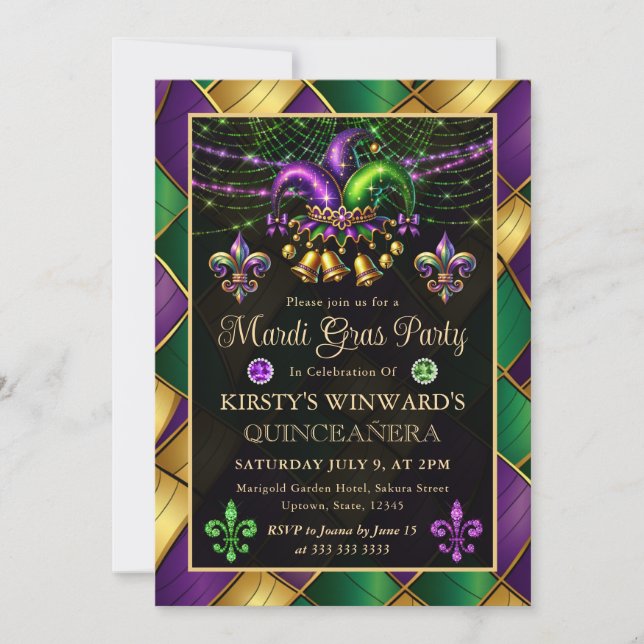 Mardi Gras Masquerade Quinceanera Einladung (Vorderseite)