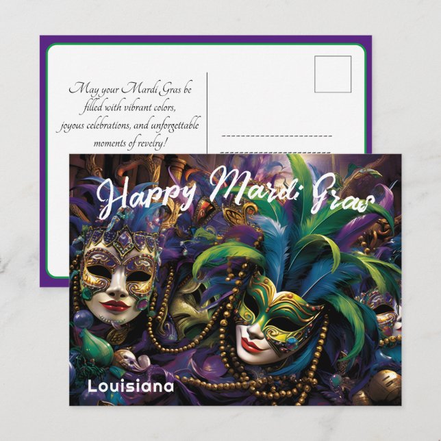 💚 💜 💛 Mardi Gras mit schönen Masken Postkarte (Vorne/Hinten)