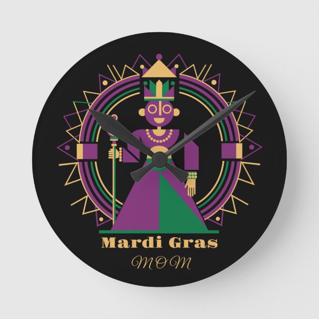 Mardi Gras Mom 2026 Queen Runde Wanduhr (Vorderseite)