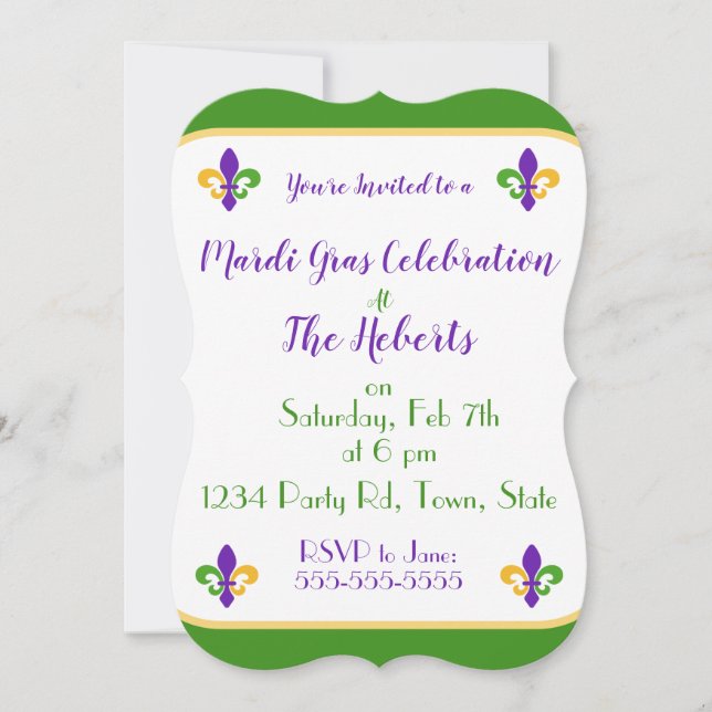 Mardi Gras NAME Green Gold Purple Fleur de Lis Einladung (Vorderseite)