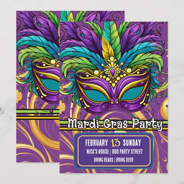 Mardi Gras Parade und Party Mask Einladung (Vorne/Hinten)