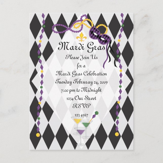 Mardi Gras Party Einladungspostkarte (Vorderseite)