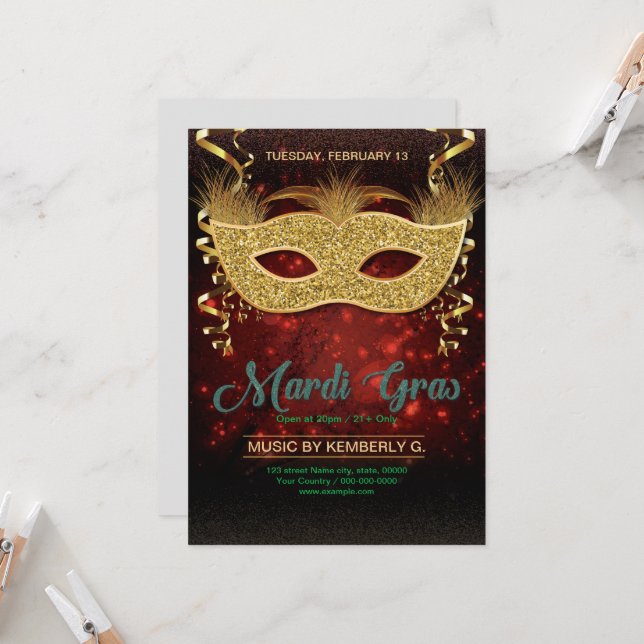 Mardi Gras Party Flyer Vorlage  (Vorderseite/Rückseite Beispiel)