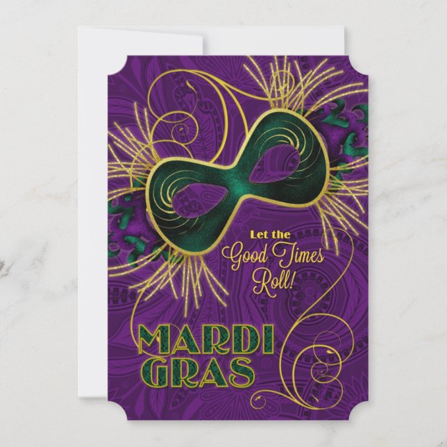 Mardi Gras-Party in Lila Gold Green Einladung (Vorderseite)