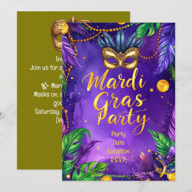 Mardi Gras Party – Let the Good Times Roll Einladung (Vorne/Hinten)