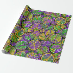 Mardi Gras Peace Signs in Lila Grün und Gold Geschenkpapier