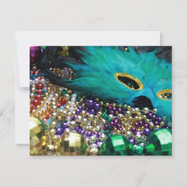 Mardi Gras perles et vert Feather Mask Invitation (Devant)
