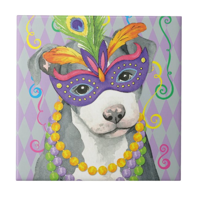 Mardi Gras Pit Bull Terrier Fliese (Vorderseite)