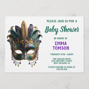 Mardi Gras Prächtige Feder Maske Baby Shower Einladung