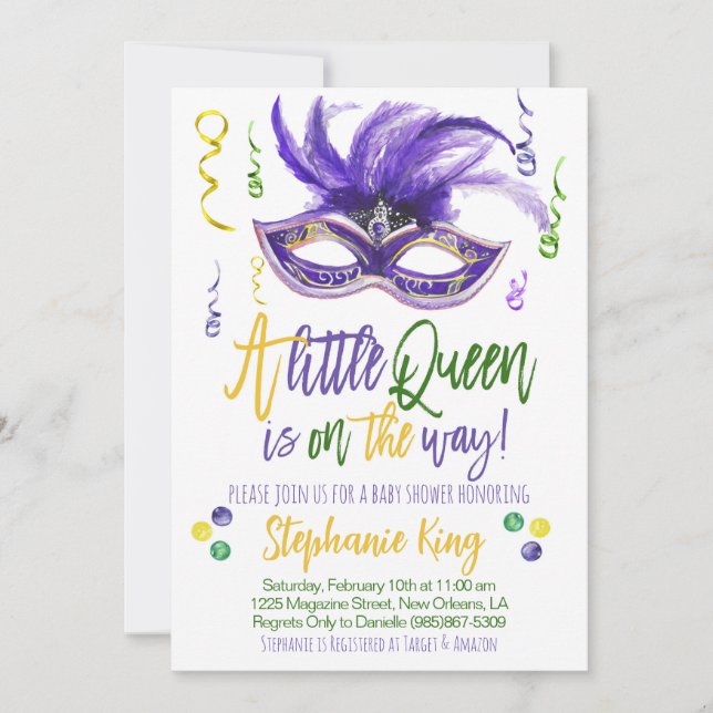 Mardi Gras Queen Baby Shower Einladung (Vorderseite)