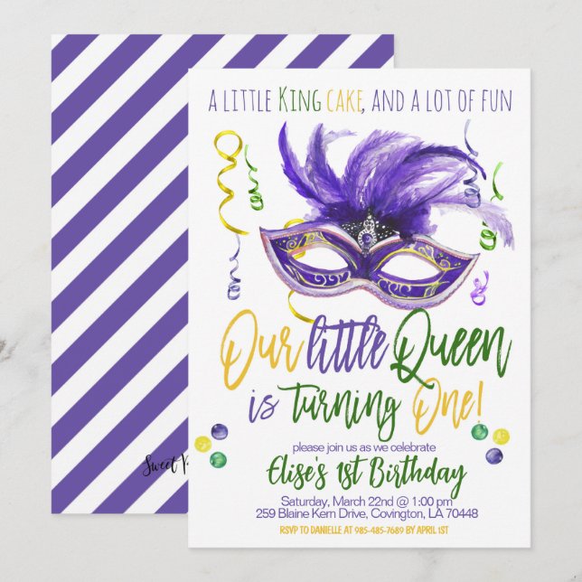 Mardi Gras Queen Einladung zum ersten Geburtstag (Vorne/Hinten)